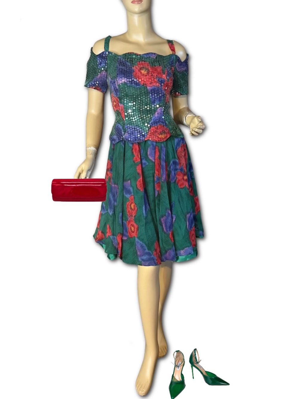 VINTAGE 1980'S EVENINGS RAUL BLANCO SEQUINS AND SILK FLORAL PARTY DRESS (2)